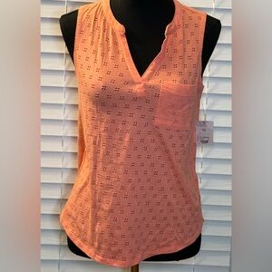 Beautiful Liz Claiborne Cotton Coral Sleeveless Shirt, Eyelet Design, PS, NWT